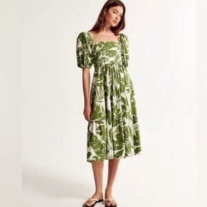 Abercrombie Women's Emerson Poplin Puff Sleeve Midi Dress Green Floral Palm Sz L